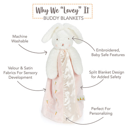Bunny buddy blanket features including machine washable fabric, embroidered facial details, velour and satin textures and split blanket design.