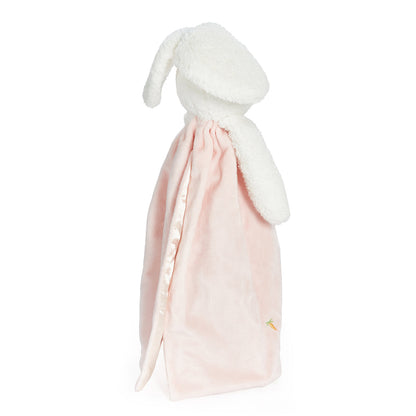 Back view of bunny buddy blanket showing soft white plush ears, pale pink velour fabric and satin trim.