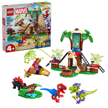 LEGO Marvel toy set with box, treehouse, and dinosaurs on a white background