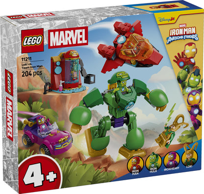 LEGO Marvel Loki vs Team Iron Man 11211 featuring Iron Man jet, Iron Hulk mech, Ironheart car and Loki minifigure