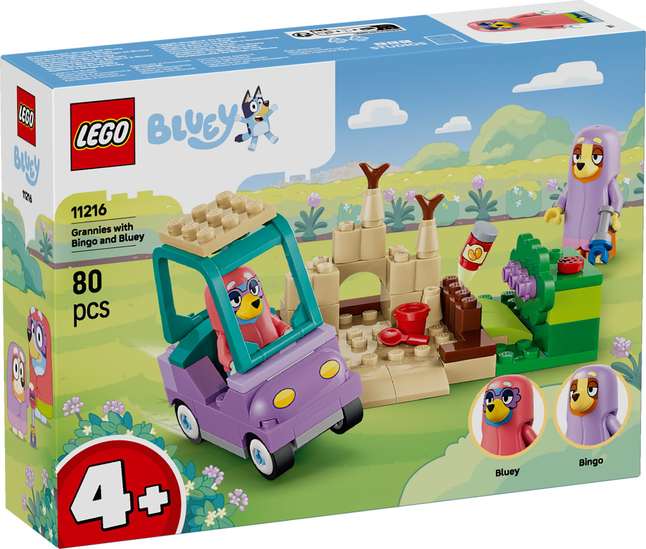 LEGO Bluey Grannies with Bingo and Bluey 11216 featuring Janet and Rita characters, granny car, garden and sandbox accessories