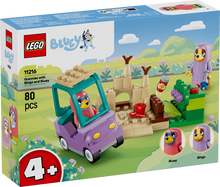 LEGO Bluey Grannies with Bingo and Bluey 11216 featuring Janet and Rita characters, granny car, garden and sandbox accessories