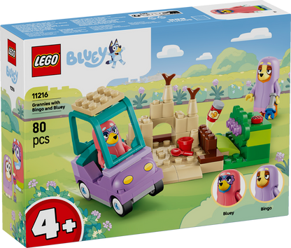 LEGO Bluey Grannies with Bingo and Bluey 11216 featuring Janet and Rita characters, granny car, garden and sandbox accessories