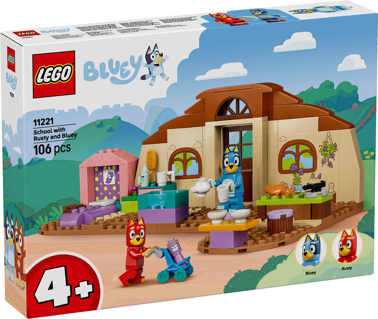 LEGO Bluey School with Rusty and Bluey 11221 featuring school building, café, hospital area, stroller and Bluey characters