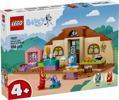 LEGO Bluey School with Rusty and Bluey 11221 featuring school building, café, hospital area, stroller and Bluey characters