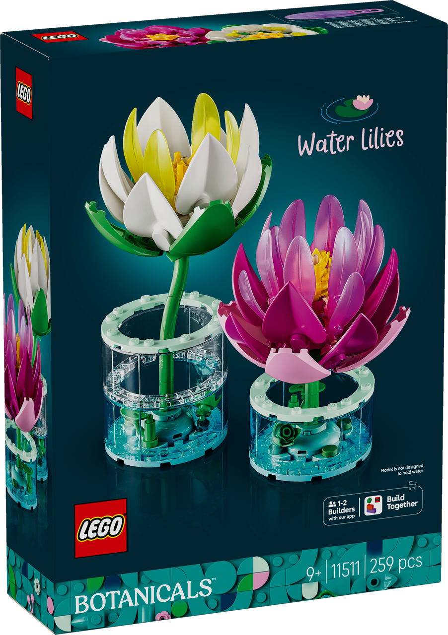 LEGO Botanicals Water Lilies 11511 featuring pink and white water lily flowers in transparent water-effect display vases