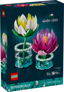LEGO Botanicals Water Lilies 11511 featuring pink and white water lily flowers in transparent water-effect display vases
