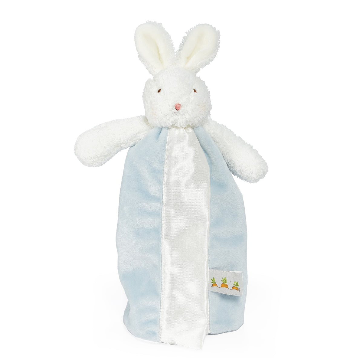 Bunnies By The Bay Bud Bunny Bye Bye Buddy, a white bunny lovey with blue satin-lined blanket