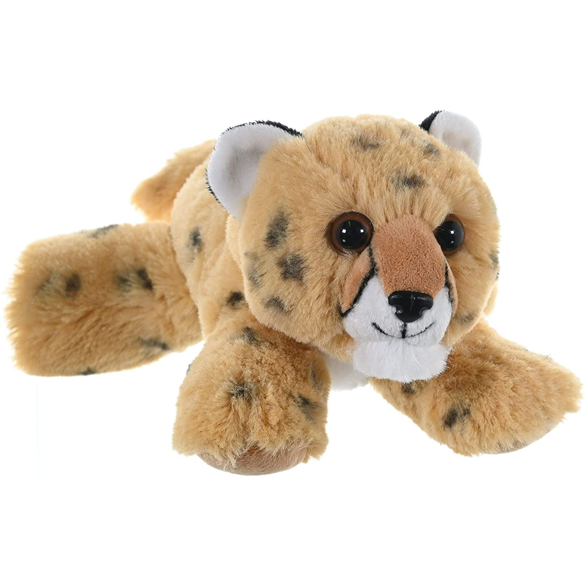 A plush toy cheetah lying down on a solid white background. The toy has tan fur with black spots, a white muzzle and inner ears, and large dark eyes.