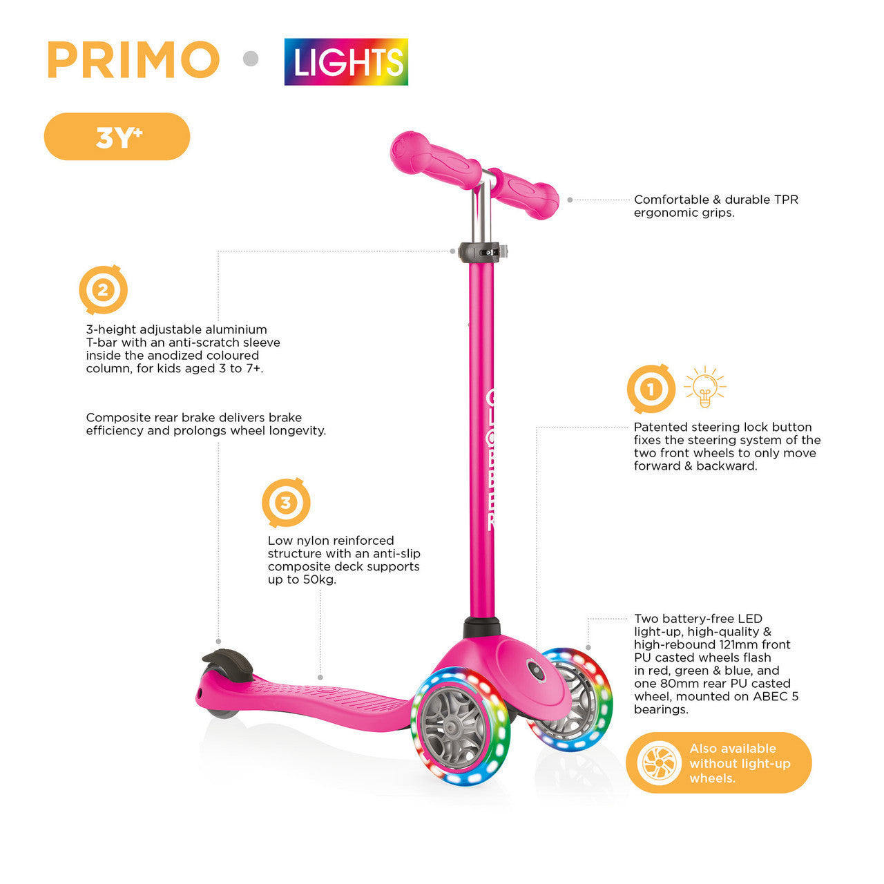 Globber - PRIMO Scooter with Lights and Griptape - Lime Green/ Navy Blue