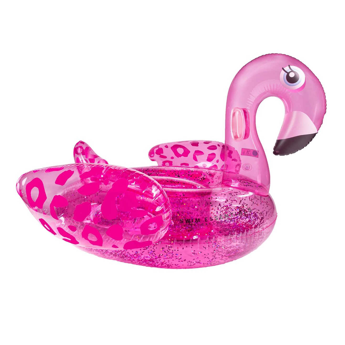 Swim Essentials Neon Pink Flamingo inflatable ride on measuring 150cm with sturdy grab handles for pool and beach adventures