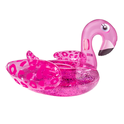 Swim Essentials Neon Pink Flamingo inflatable ride on measuring 150cm with sturdy grab handles for pool and beach adventures