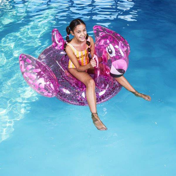 Swim Essentials Neon Pink Flamingo inflatable ride on measuring 150cm with sturdy grab handles for pool and beach adventures