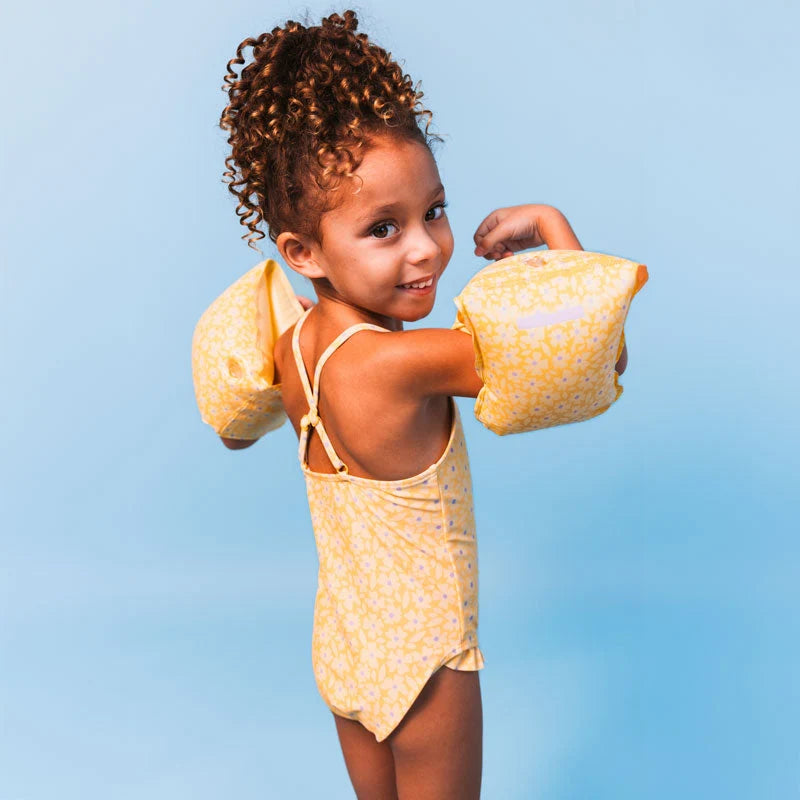 Swim Essentials Inflatable Arm Bands Flourish Yellow for babies aged 0-2 years with yellow floral print and dual air chambers
