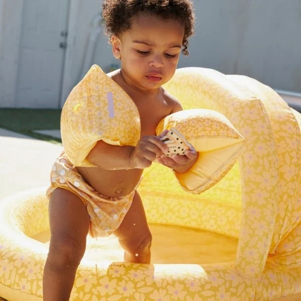 Swim Essentials Inflatable Arm Bands Flourish Yellow for babies aged 0-2 years with yellow floral print and dual air chambers