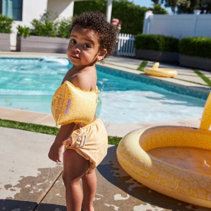 Swim Essentials Inflatable Arm Bands Flourish Yellow for babies aged 0-2 years with yellow floral print and dual air chambers