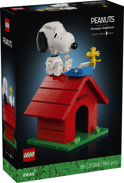LEGO Ideas Peanuts Snoopy's Doghouse 21368 featuring posable Snoopy and Woodstock on the iconic red doghouse