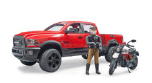 Bruder RAM 2500 Power Wagon 02502 with Ducati Scrambler Desert Sled motorcycle and rider in 1:16 scale