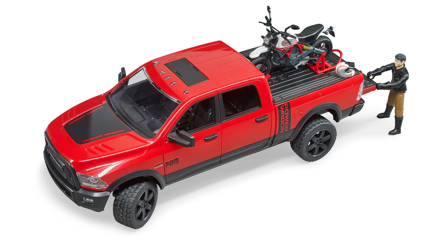 Bruder RAM 2500 Power Wagon 02502 with Ducati Scrambler Desert Sled motorcycle and rider in 1:16 scale