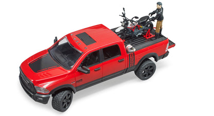 Bruder RAM 2500 Power Wagon 02502 with Ducati Scrambler Desert Sled motorcycle and rider in 1:16 scale