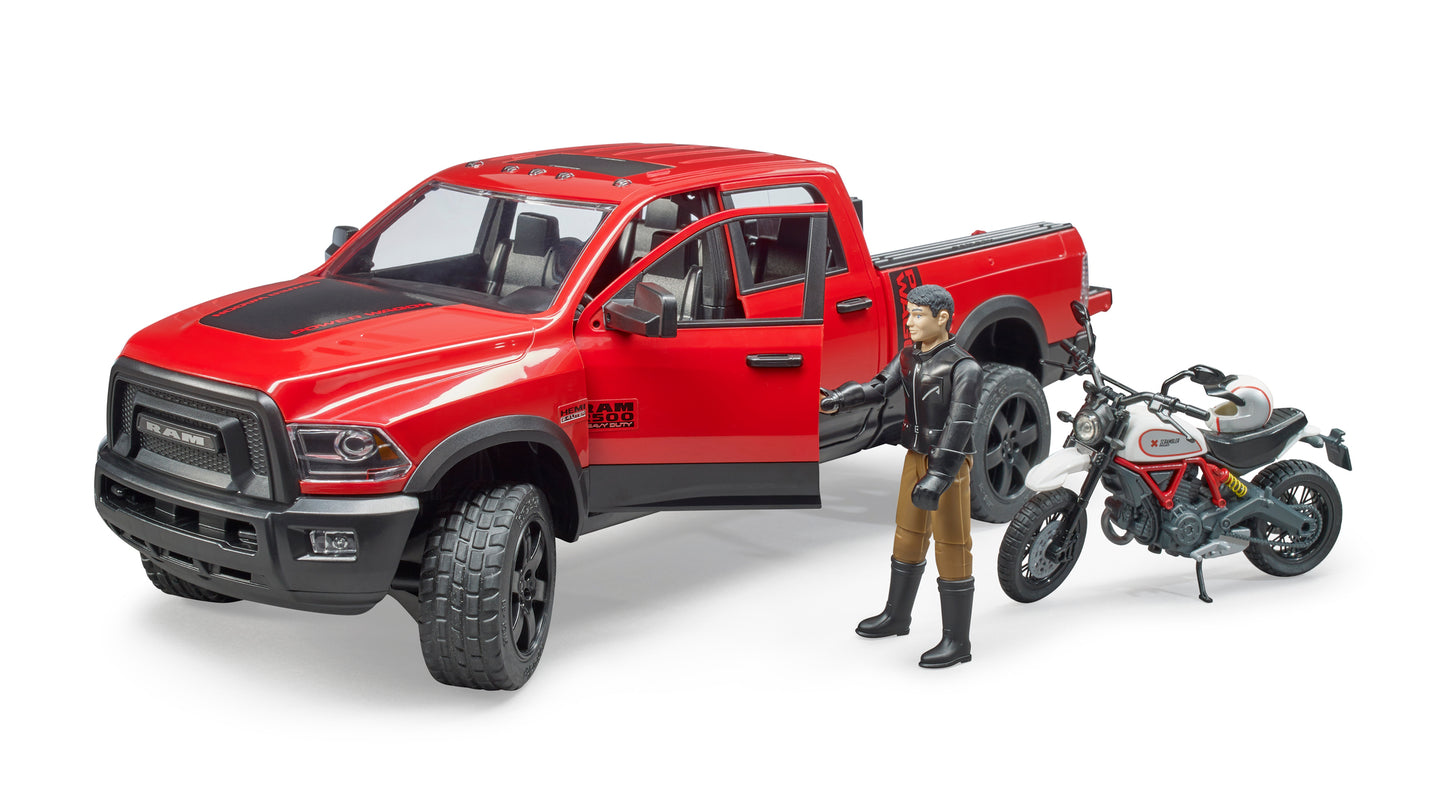 Bruder RAM 2500 Power Wagon 02502 with Ducati Scrambler Desert Sled motorcycle and rider in 1:16 scale