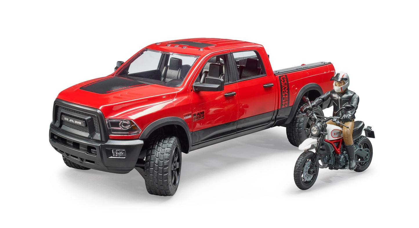Bruder RAM 2500 Power Wagon 02502 with Ducati Scrambler Desert Sled motorcycle and rider in 1:16 scale