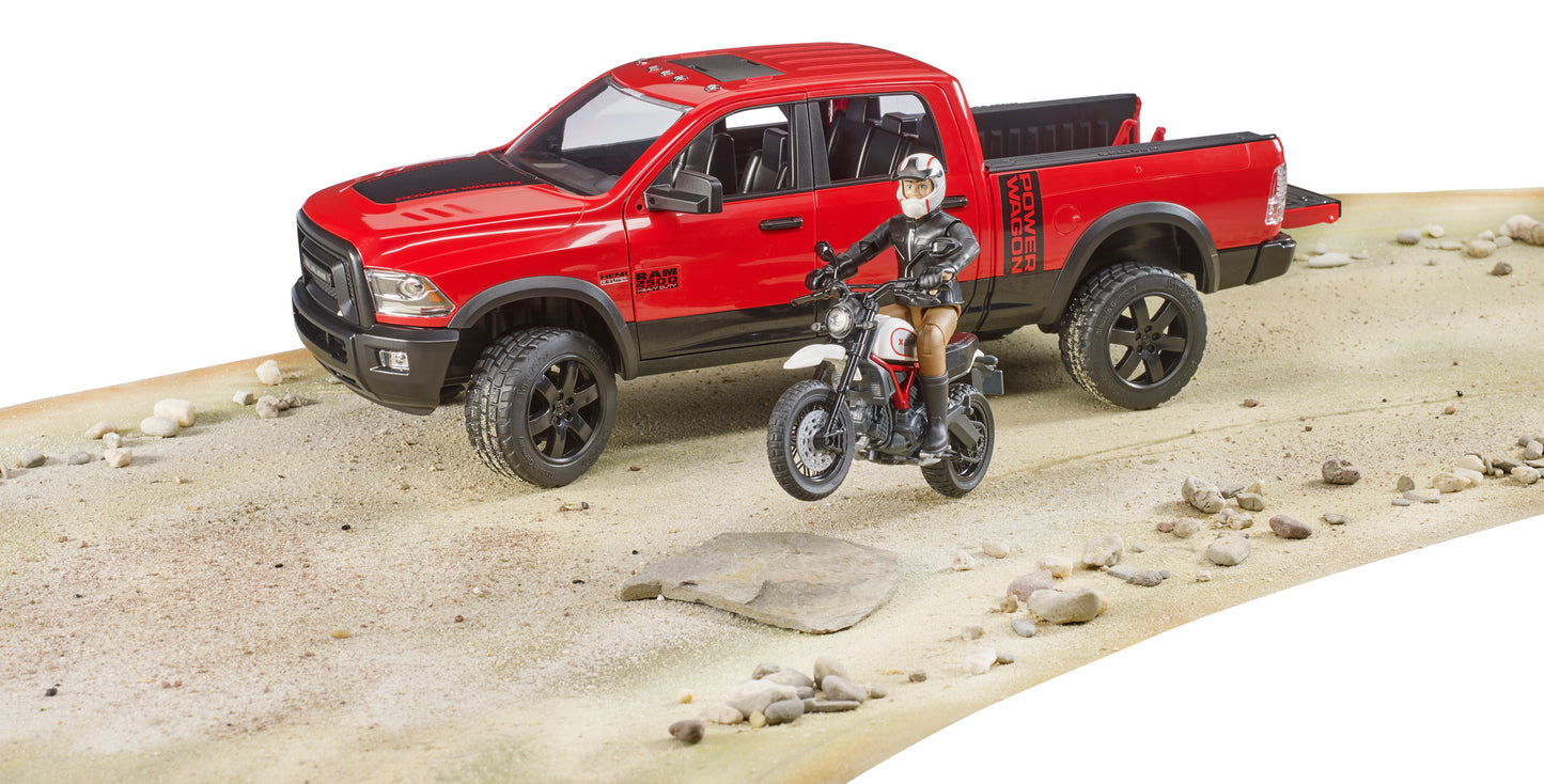 Bruder RAM 2500 Power Wagon 02502 with Ducati Scrambler Desert Sled motorcycle and rider in 1:16 scale
