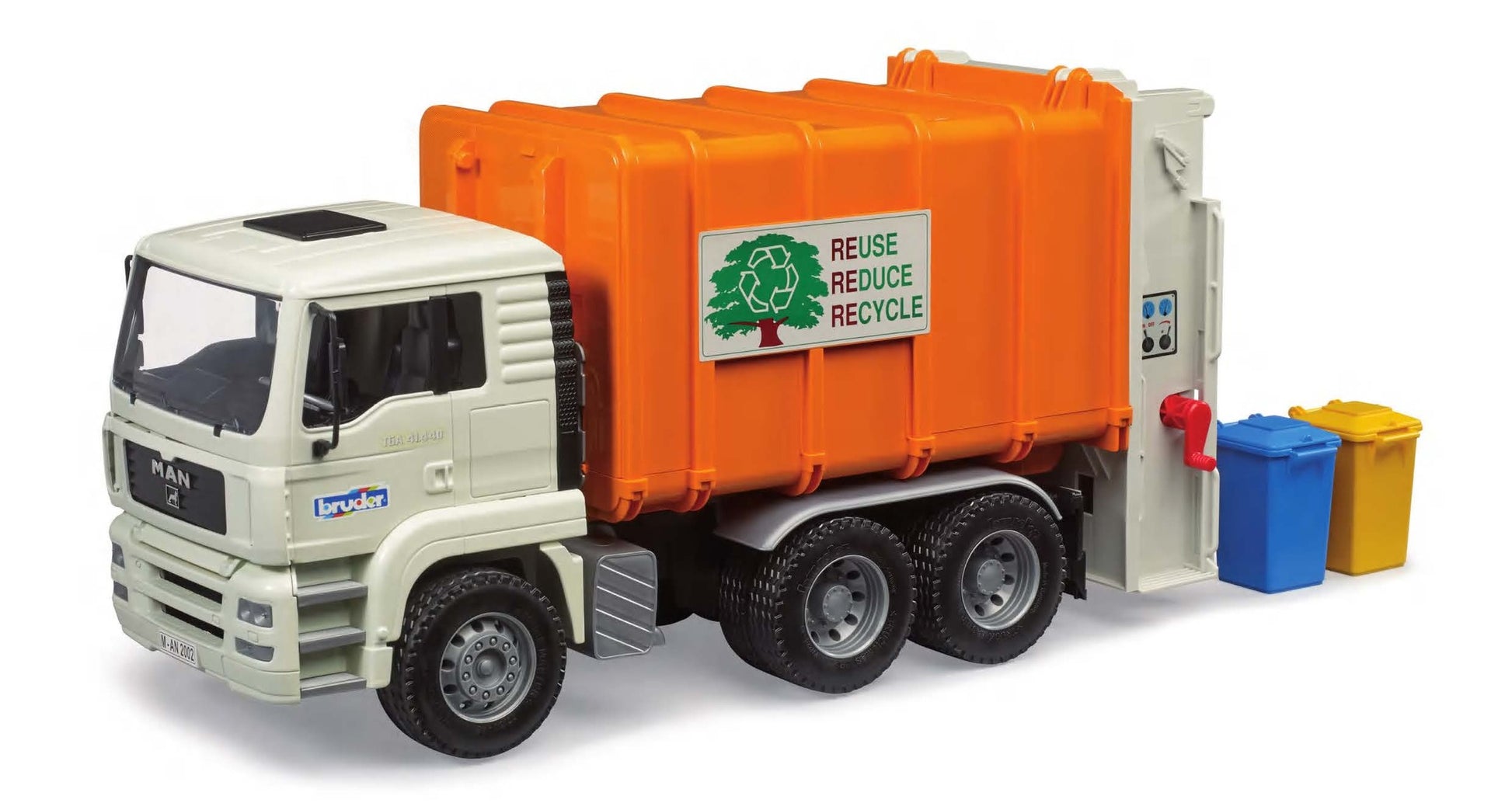 Bruder MAN TGA Rear Loading Garbage Truck 02772 1:16 scale toy refuse truck with working rear loader and two wheelie bins