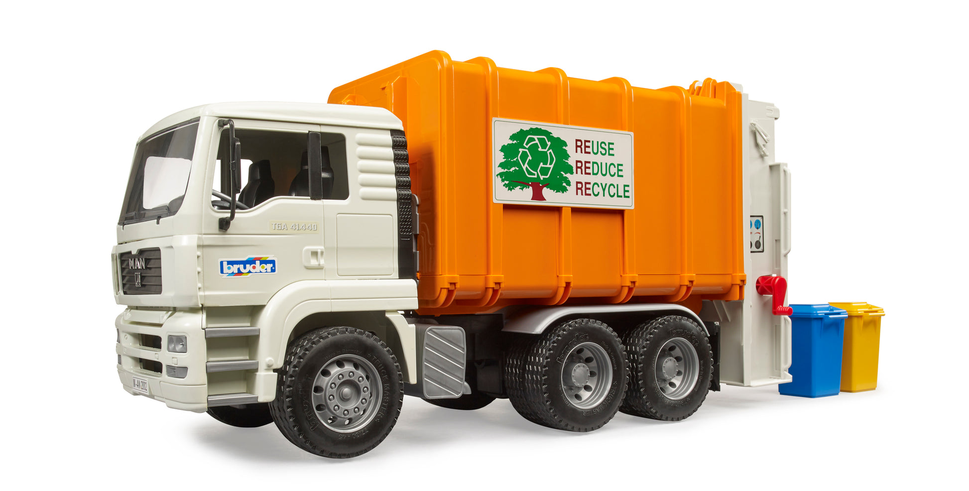 Bruder MAN TGA Rear Loading Garbage Truck 02772 1:16 scale toy refuse truck with working rear loader and two wheelie bins