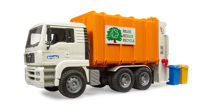 Bruder MAN TGA Rear Loading Garbage Truck 02772 1:16 scale toy refuse truck with working rear loader and two wheelie bins