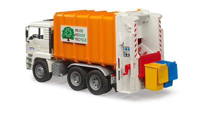 Bruder MAN TGA Rear Loading Garbage Truck 02772 1:16 scale toy refuse truck with working rear loader and two wheelie bins