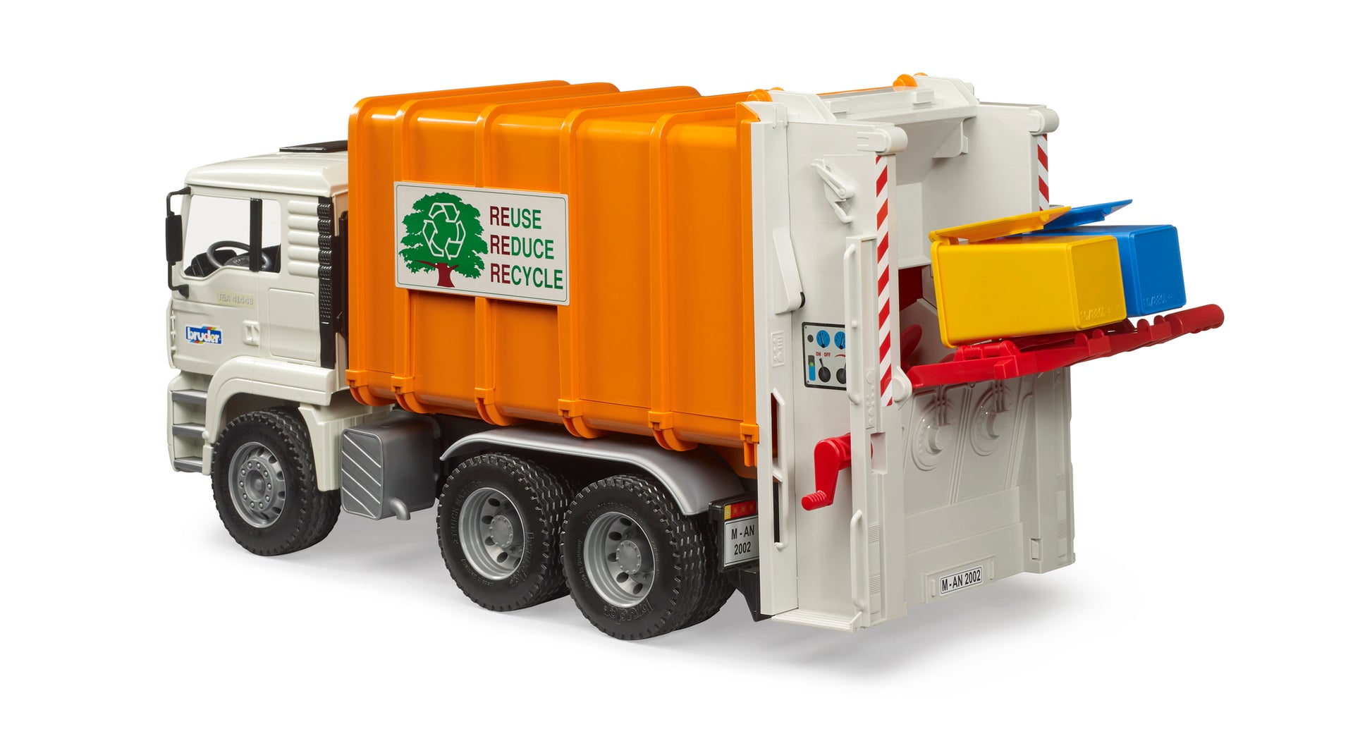 Bruder MAN TGA Rear Loading Garbage Truck 02772 1:16 scale toy refuse truck with working rear loader and two wheelie bins