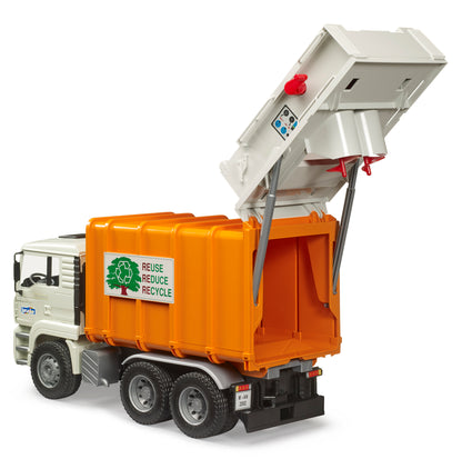 Bruder MAN TGA Rear Loading Garbage Truck 02772 1:16 scale toy refuse truck with working rear loader and two wheelie bins