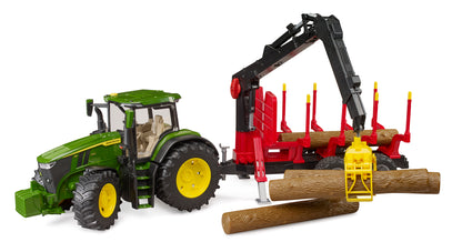 Bruder John Deere 7R 350 tractor with forestry logging trailer, rotating crane and four logs in 1:16 scale
