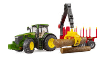 Bruder John Deere 7R 350 tractor with forestry logging trailer, rotating crane and four logs in 1:16 scale