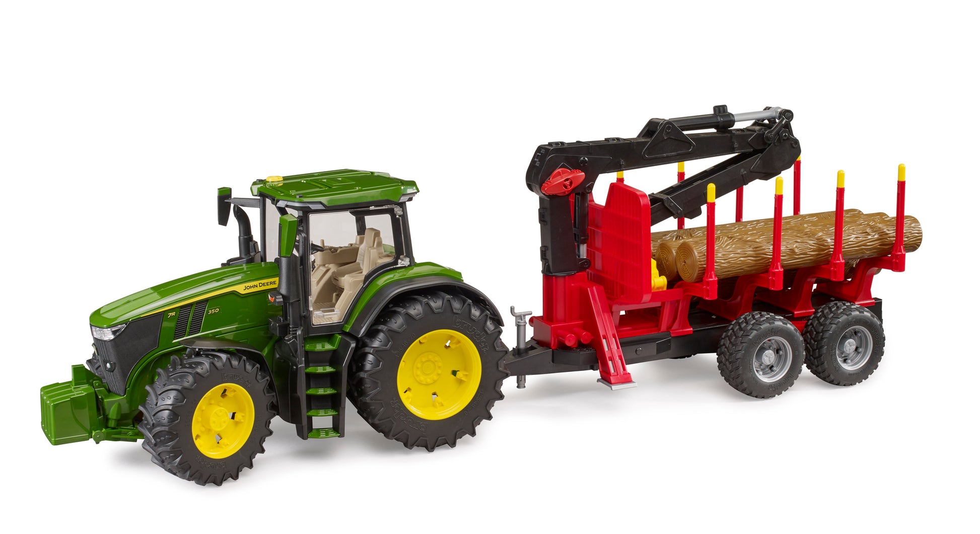 Bruder John Deere 7R 350 tractor with forestry logging trailer, rotating crane and four logs in 1:16 scale