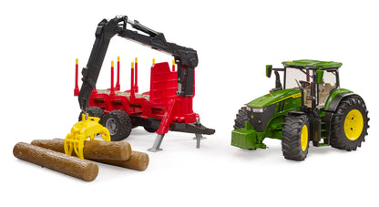 Bruder John Deere 7R 350 tractor with forestry logging trailer, rotating crane and four logs in 1:16 scale