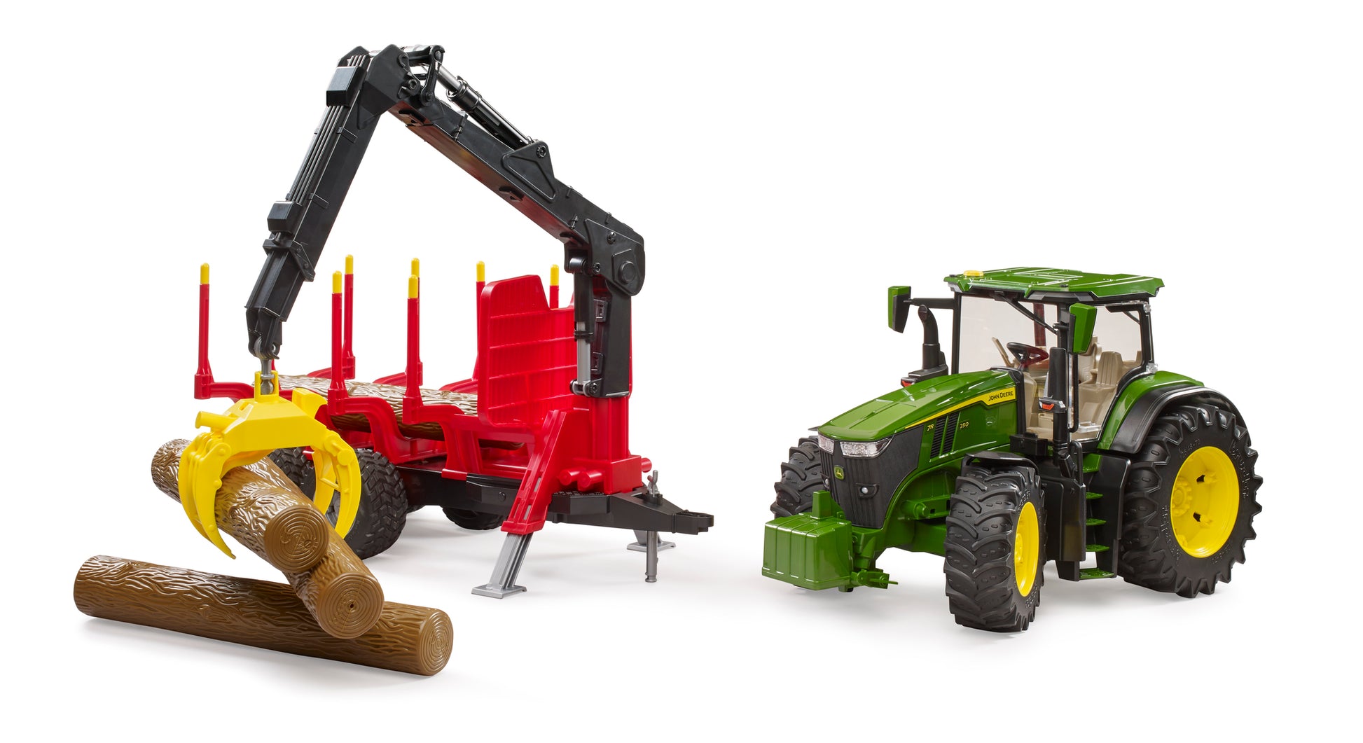 Bruder John Deere 7R 350 tractor with forestry logging trailer, rotating crane and four logs in 1:16 scale