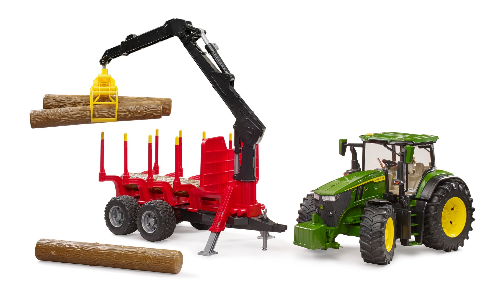 Bruder John Deere 7R 350 tractor with forestry logging trailer, rotating crane and four logs in 1:16 scale