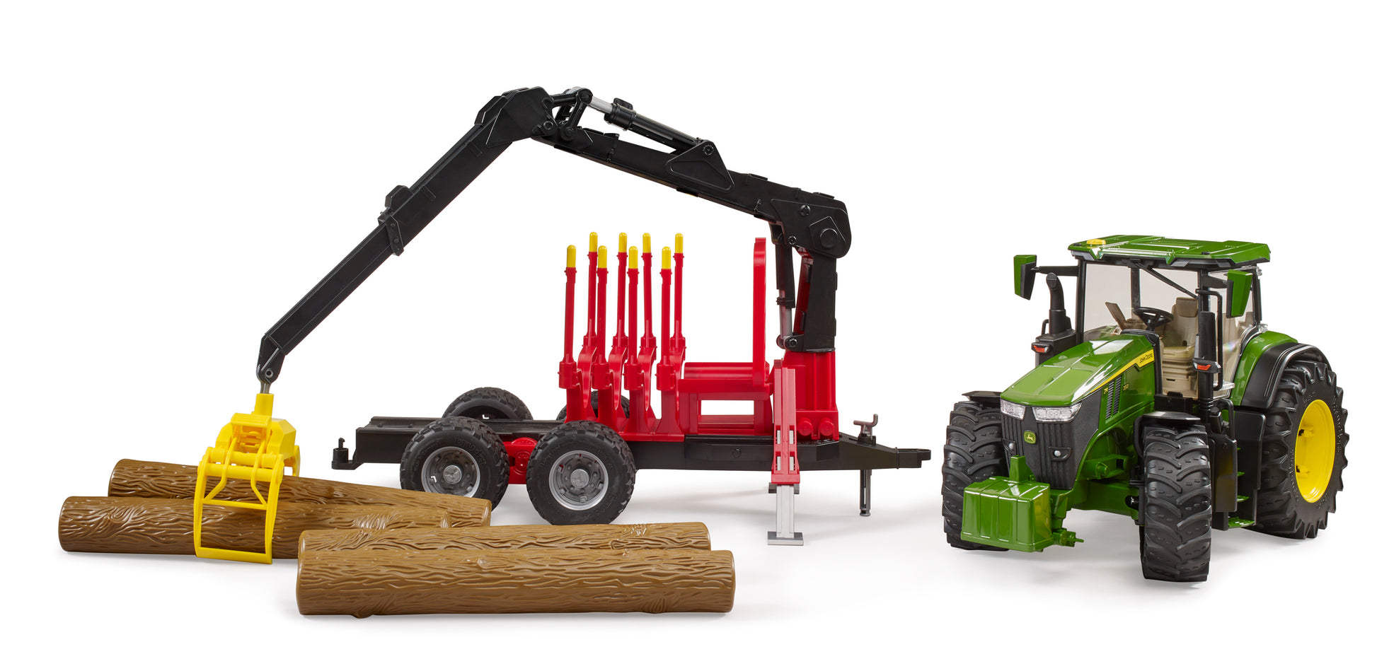 Bruder John Deere 7R 350 tractor with forestry logging trailer, rotating crane and four logs in 1:16 scale