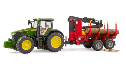 Bruder John Deere 7R 350 tractor with forestry logging trailer, rotating crane and four logs in 1:16 scale