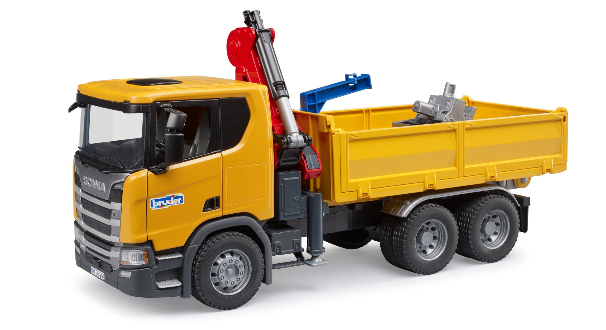 Bruder Scania Super 560R construction truck with rotating crane, tipping tray and two pallets in 1:16 scale