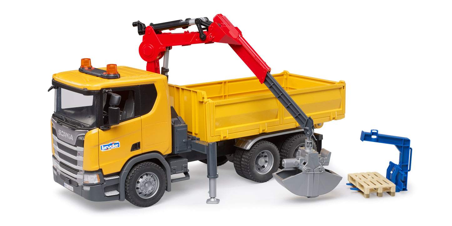 Bruder Scania Super 560R construction truck with rotating crane, tipping tray and two pallets in 1:16 scale