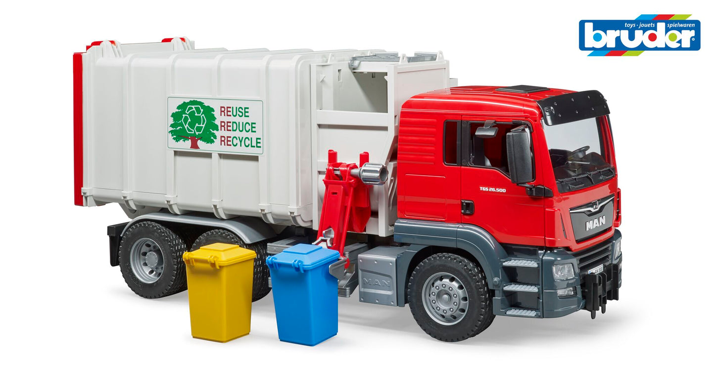 Bruder MAN TGS Side Loading Garbage Truck 03761 with working side loading arm and tilting refuse body