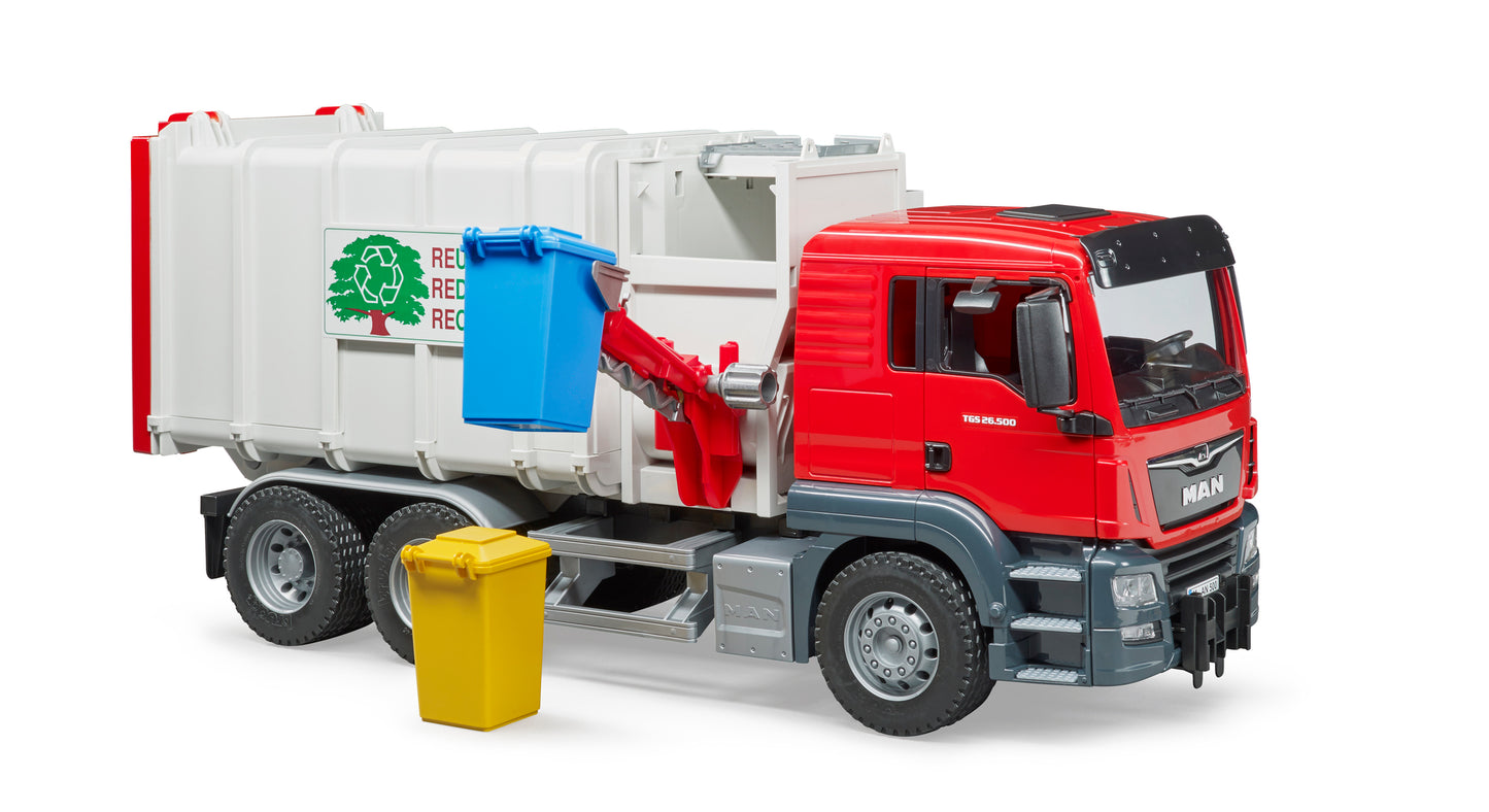Bruder MAN TGS Side Loading Garbage Truck 03761 with working side loading arm and tilting refuse body