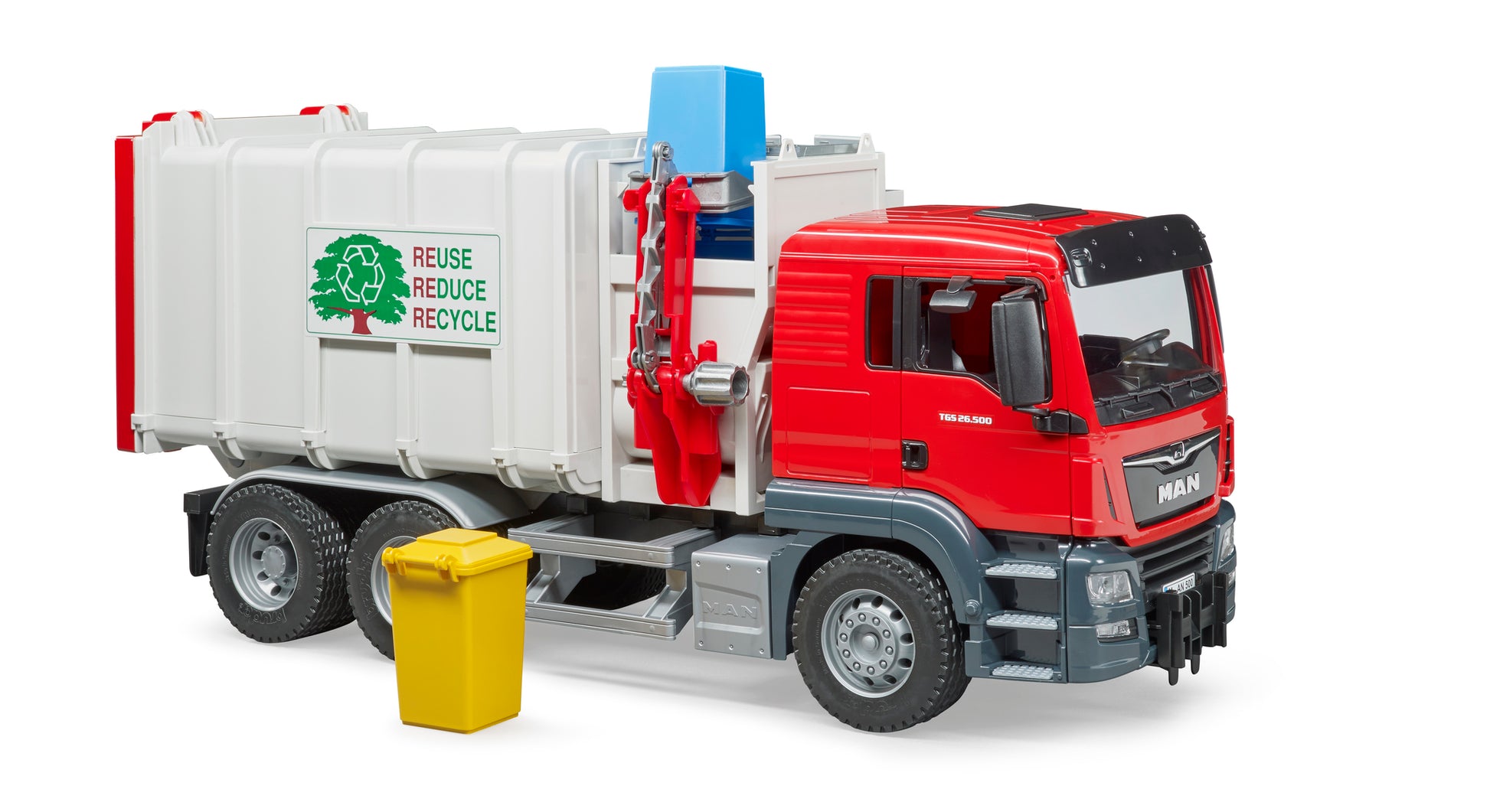 Bruder MAN TGS Side Loading Garbage Truck 03761 with working side loading arm and tilting refuse body