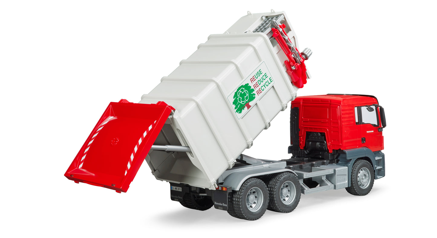 Bruder MAN TGS Side Loading Garbage Truck 03761 with working side loading arm and tilting refuse body