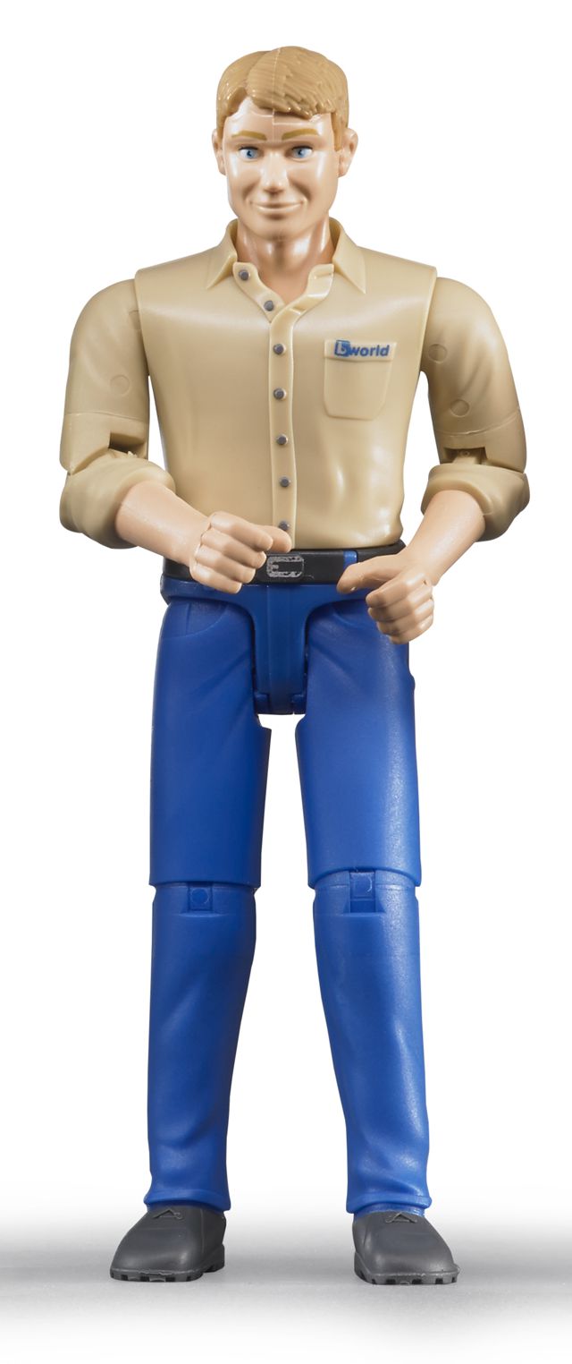 Bruder bworld man figure with light skin wearing blue jeans and grey shirt for 1:16 scale Bruder vehicles