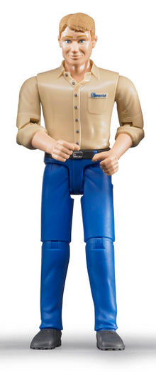 Bruder bworld man figure with light skin wearing blue jeans and grey shirt for 1:16 scale Bruder vehicles