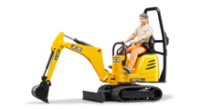 Bruder JCB Micro Excavator 8010 CTS with construction worker figure featuring working excavator arm and rotating body